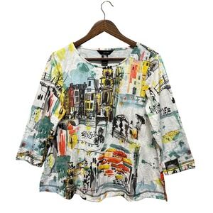 Ali Miles Womens Tunic Top Sz L P Abstract Cityscape Print 3/4 Sleeve Maximalist